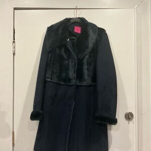 Save The Queen Navy Trench Coat with Faux-Fur Collar